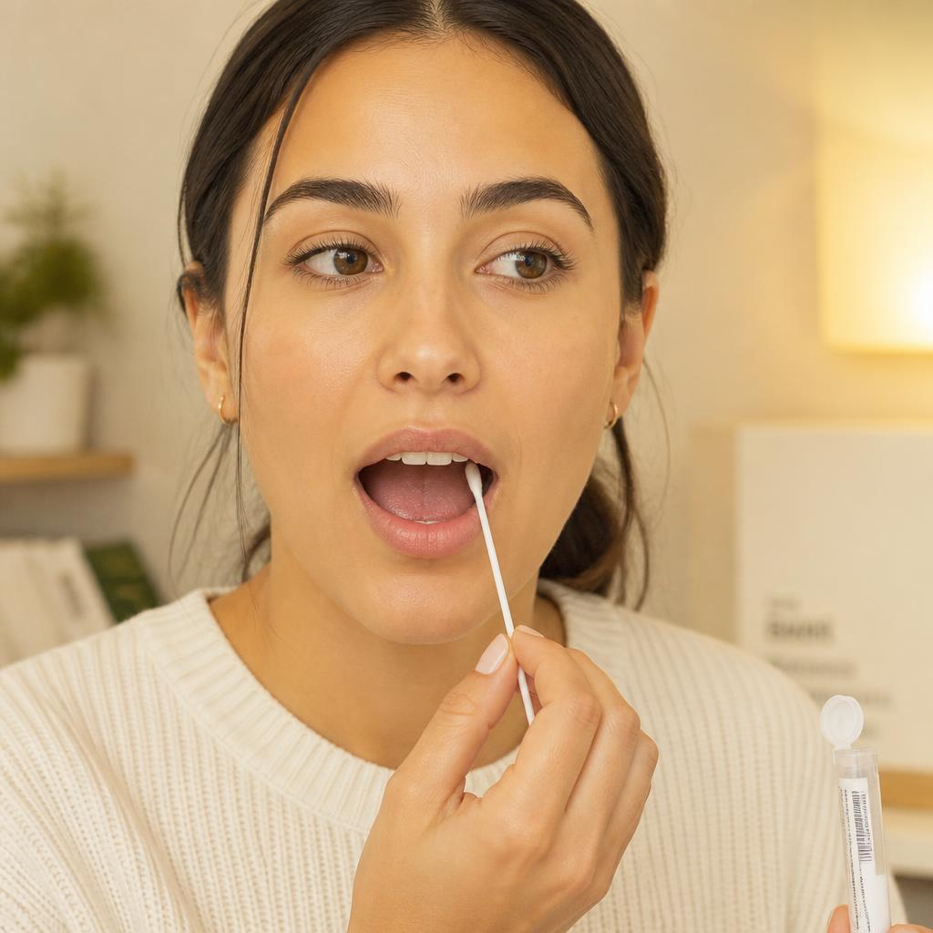 Woman using an oral cheek swab for genetic testing