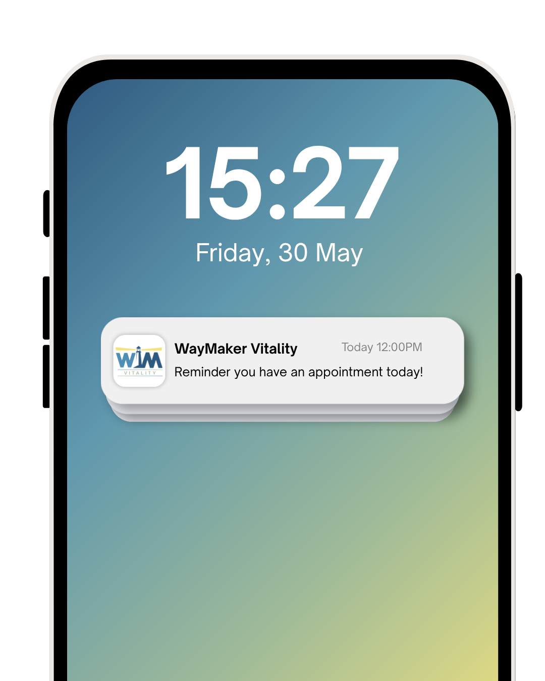 Phone screen showing a WayMaker Vitality appointment reminder notification